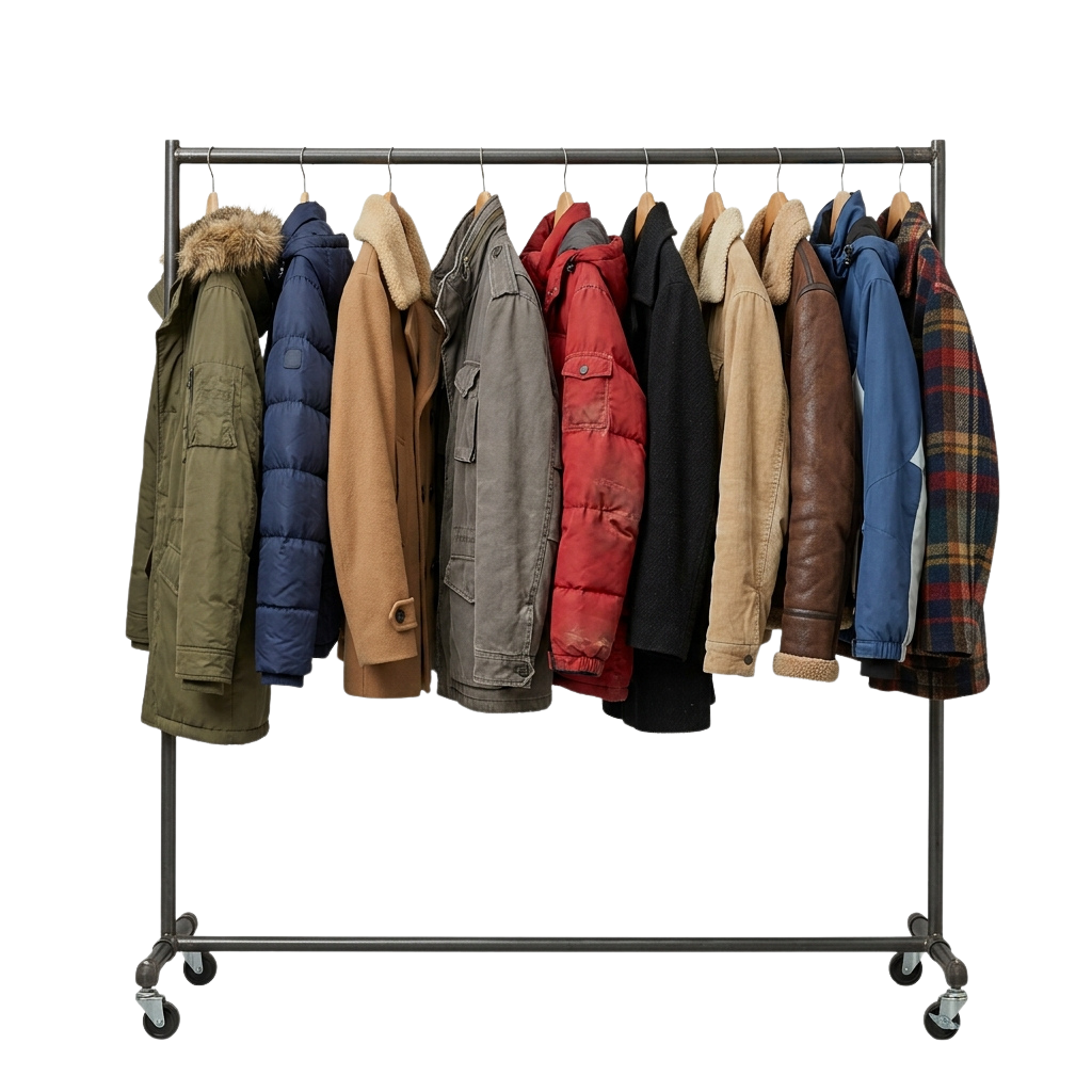 Nine different winter coats hanging on a metal rack against a black background