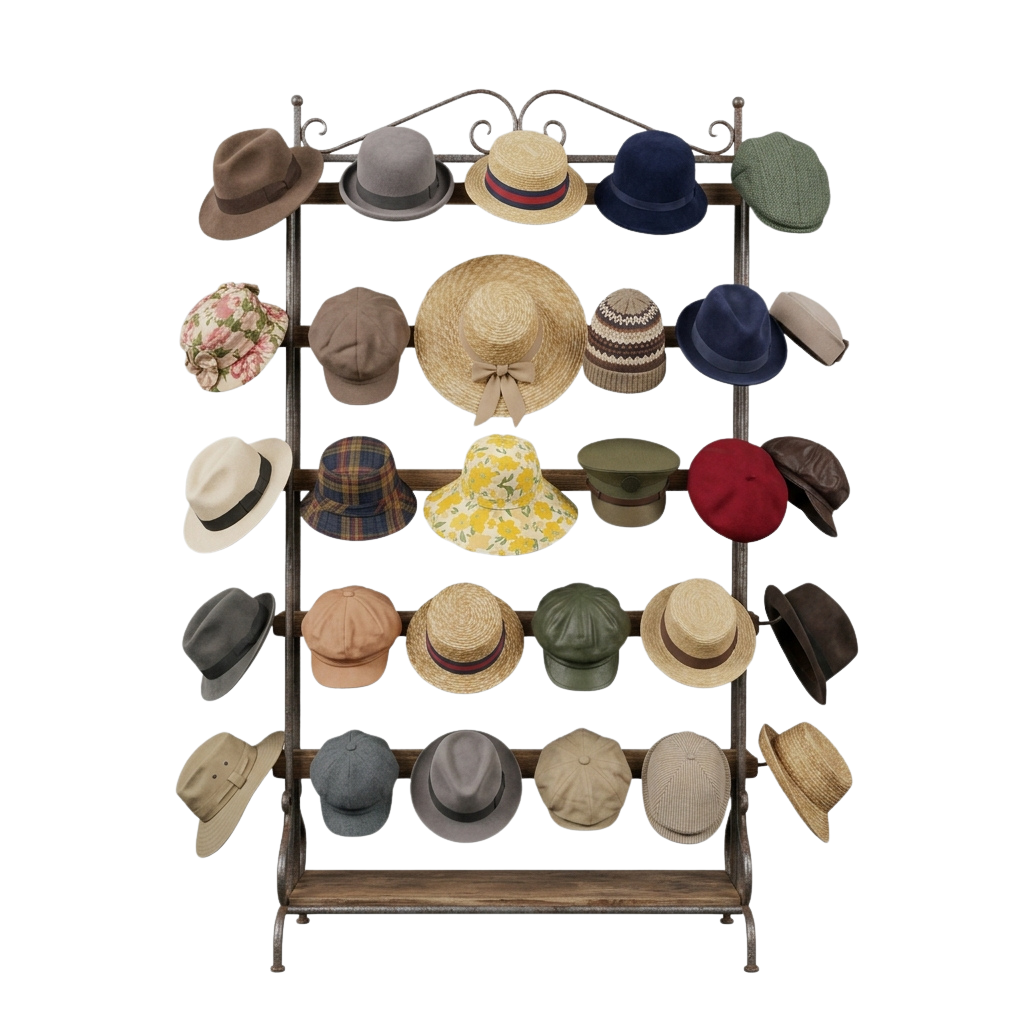 A collection of various hats including fedoras, bowlers, and sun hats arranged on a metal rack