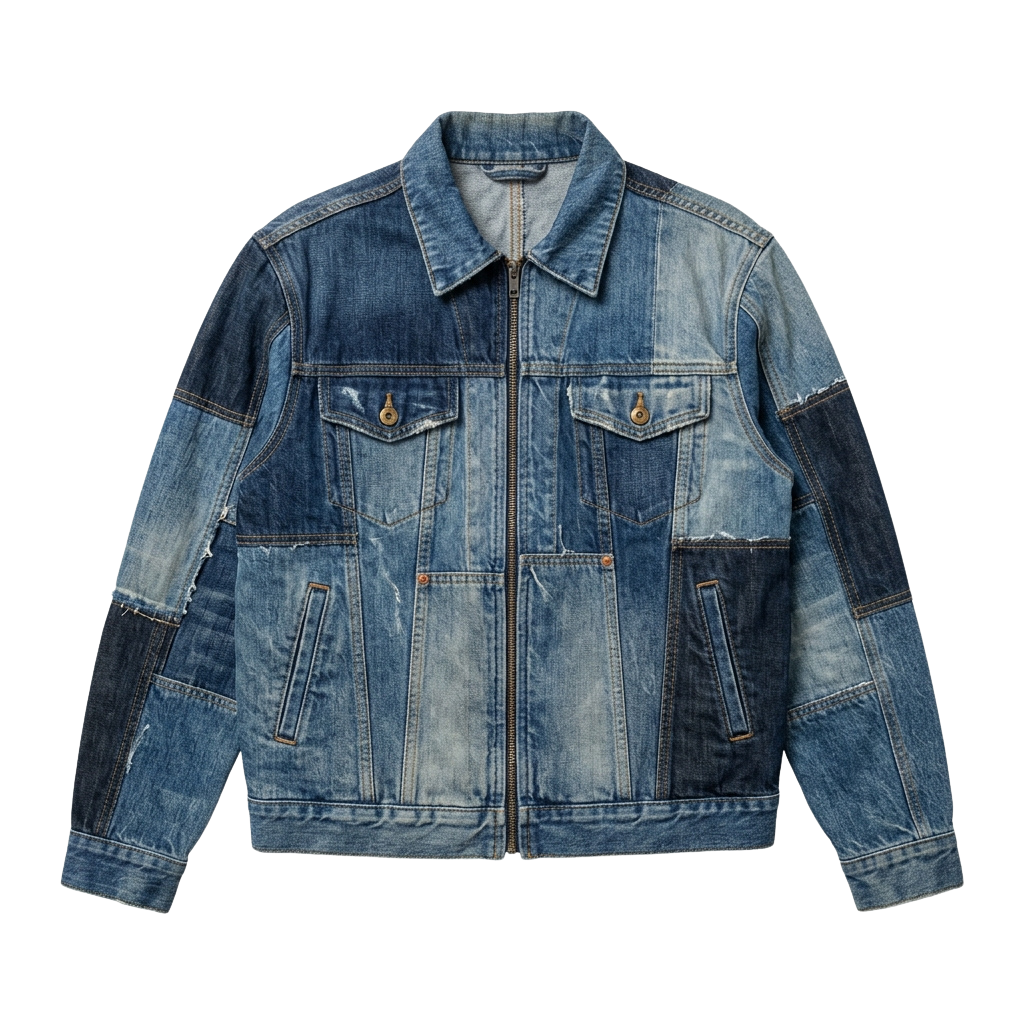 Distressed denim jacket featuring a notched lapel collar, two chest pockets with flaps, and copper-toned rivets on the seams.