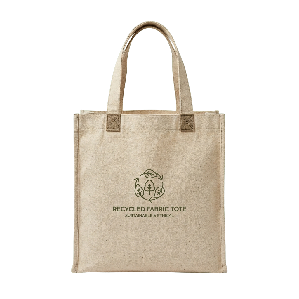 Light beige tote bag with recycled fabric logo and text reading Recycled Fabric Tote Sustainable Ethical
