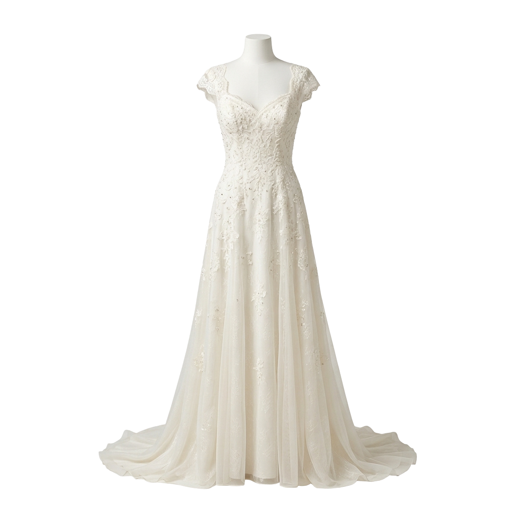 A white wedding dress with lace detailing on the bodice, off-shoulder neckline, and a long flowing train displayed on a mannequin.
