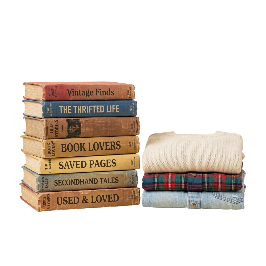 Stack of vintage-style books and folded secondhand clothing items on a black background