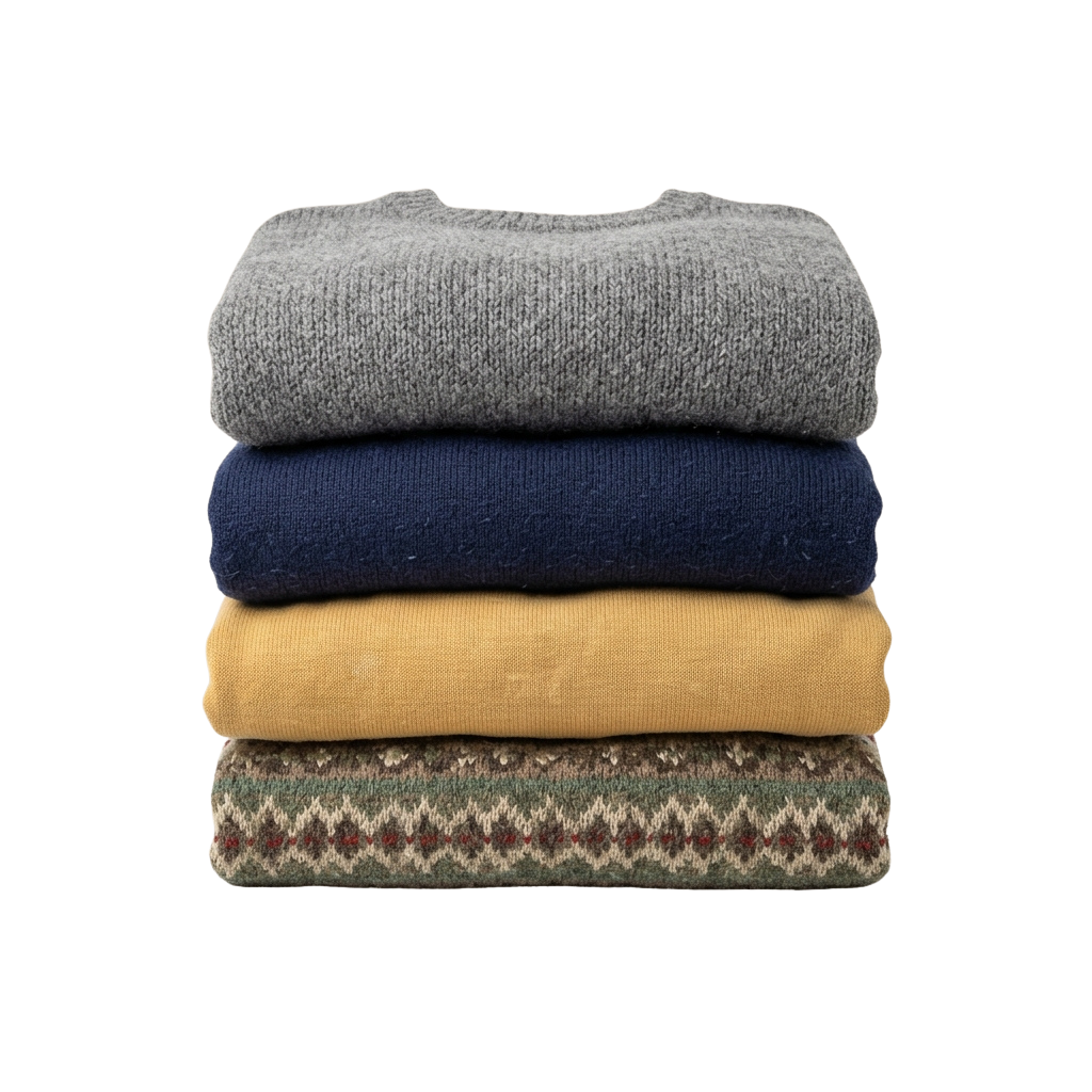 Four folded knit sweaters in gray, navy, mustard, and patterned designs stacked on top of each other