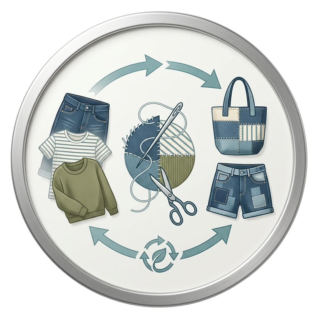 Illustration showing upcycled clothing items and a sewing process in a circular flow.