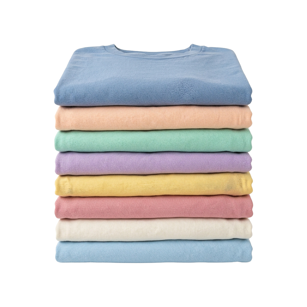 Nine folded t-shirts in pastel colors stacked vertically against a black background