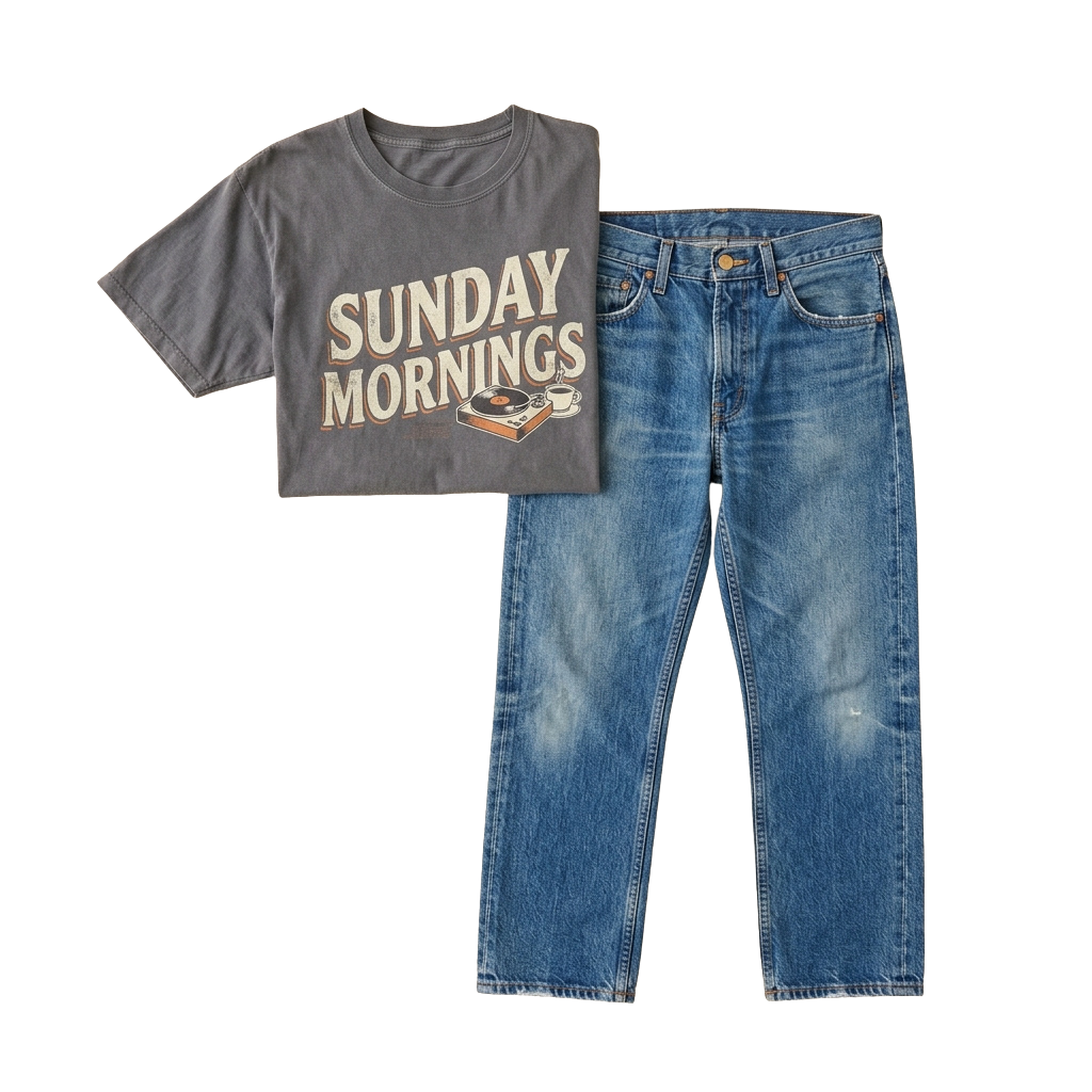 Gray t-shirt with Sunday Mornings text and coffee cup graphic, paired with blue jeans