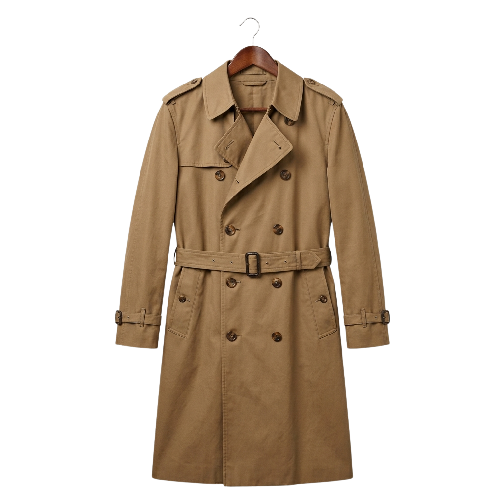 Tan long coat hanging on a hanger with a belt and multiple buttons down the front and sleeves