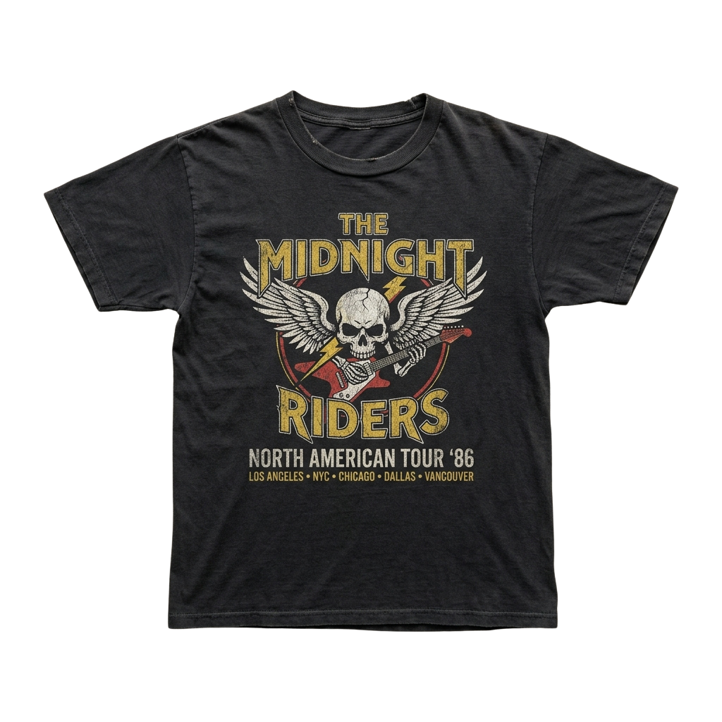 Black t-shirt featuring Midnight Riders graphic with a skull wearing wings and lightning bolts, text reading North American Tour 86 with cities listed.