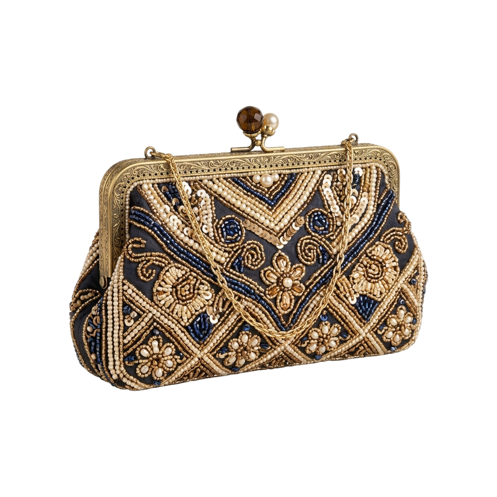 An ornate gold clutch purse featuring intricate embroidery and pearl accents on dark fabric.