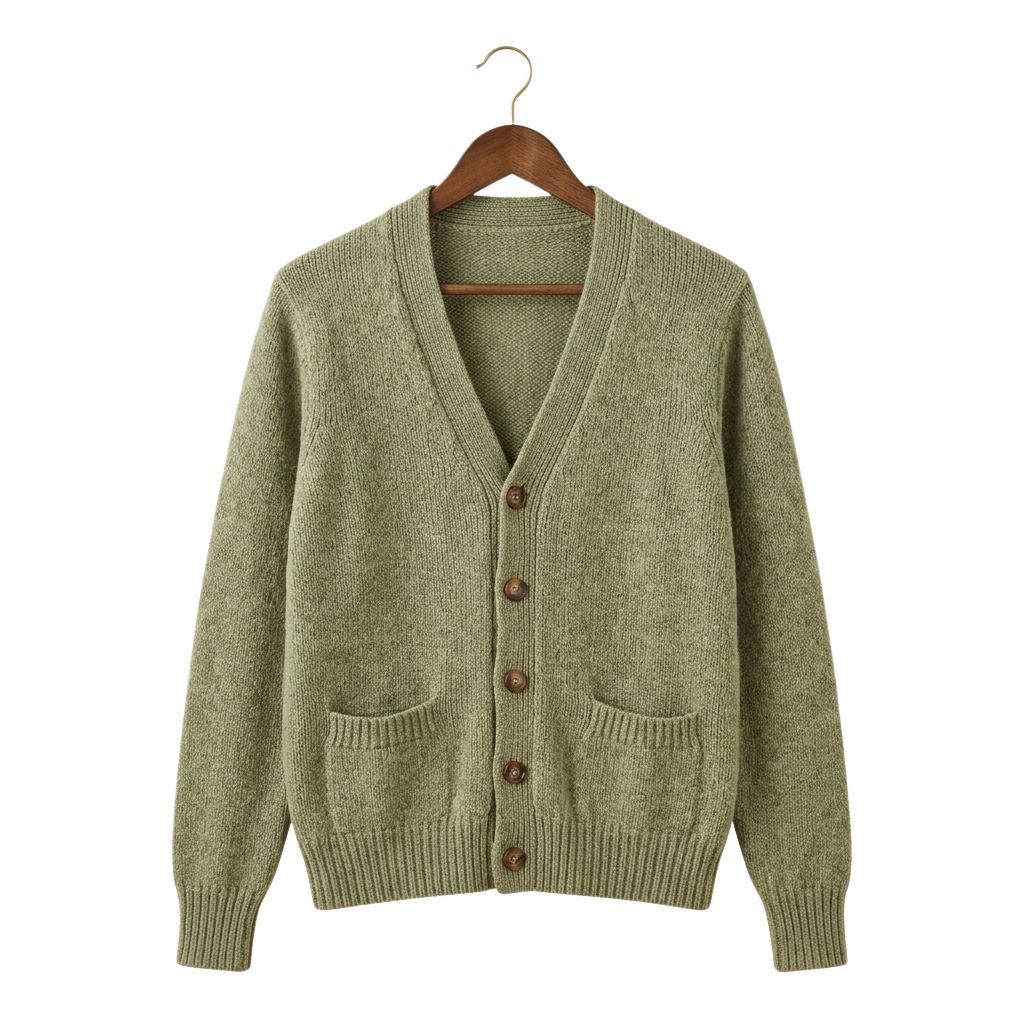 Light green knitted cardigan with six wooden buttons down the front and two chest pockets