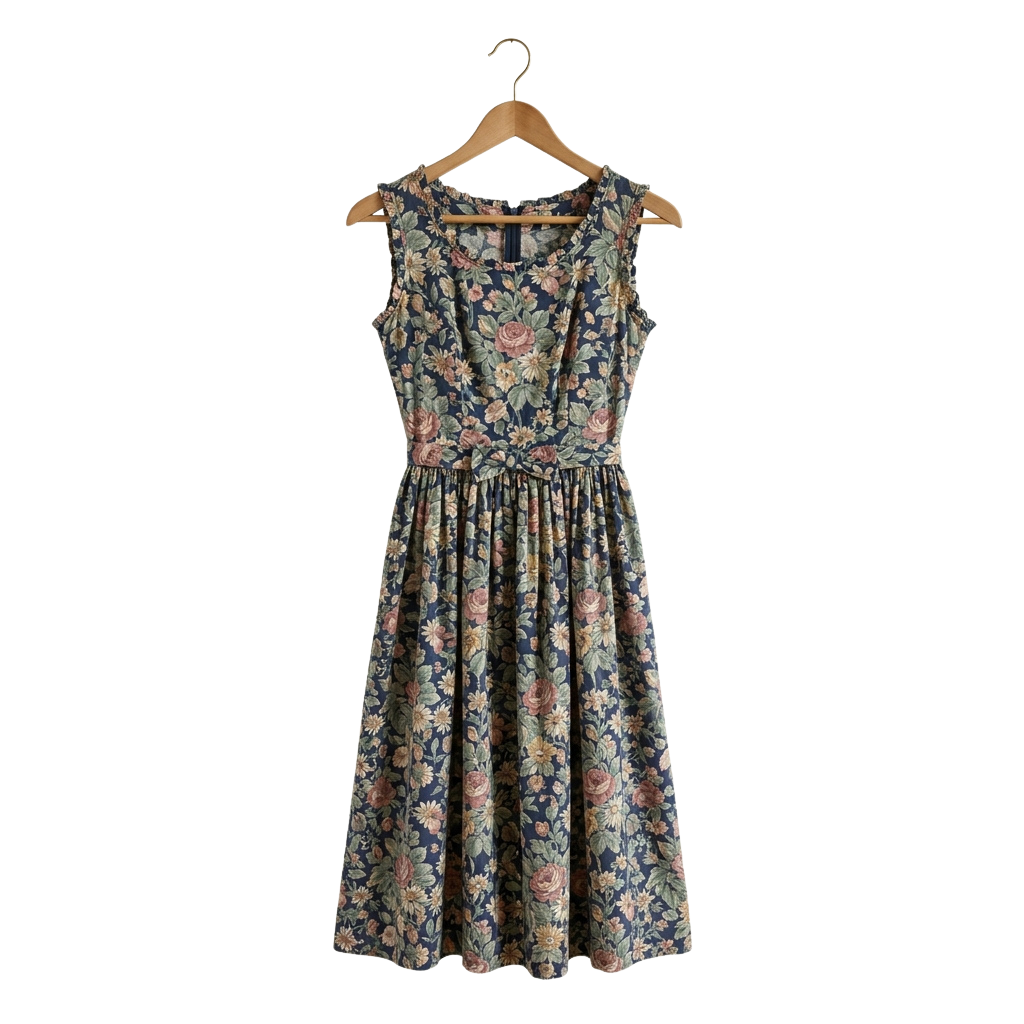 A mid-length sleeveless dress with a floral print featuring roses and leaves on a dark background