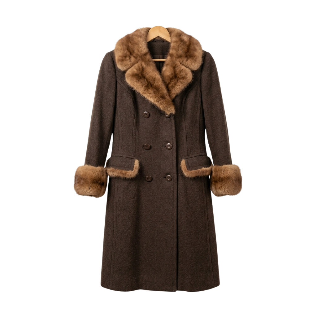 A long brown wool coat featuring a fur-lined collar and fur cuffs, with double-breasted buttons.