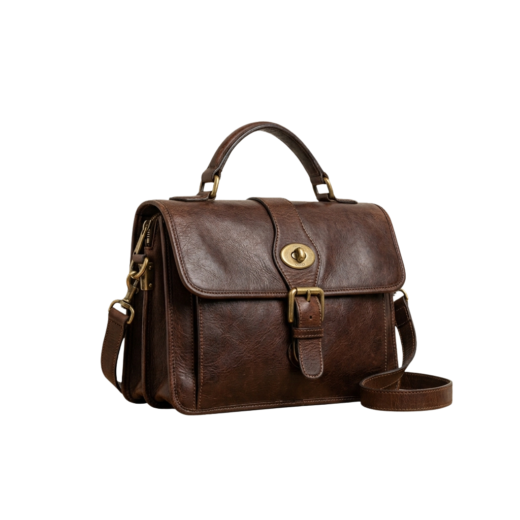 A brown leather crossbody messenger bag featuring gold buckle and button closure, with a detachable shoulder strap.