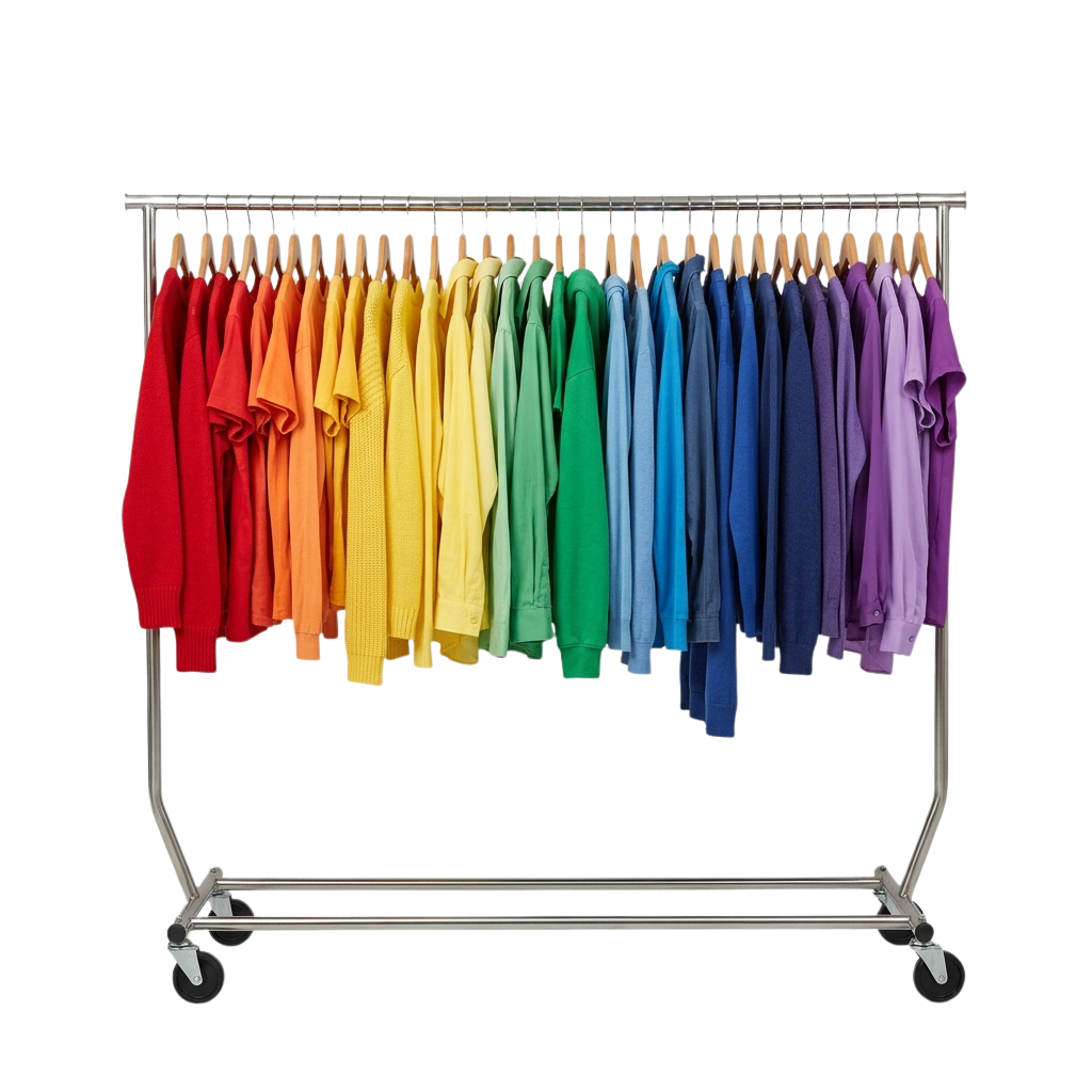 A clothing rack displaying a row of hoodies in a rainbow of colors from red to purple