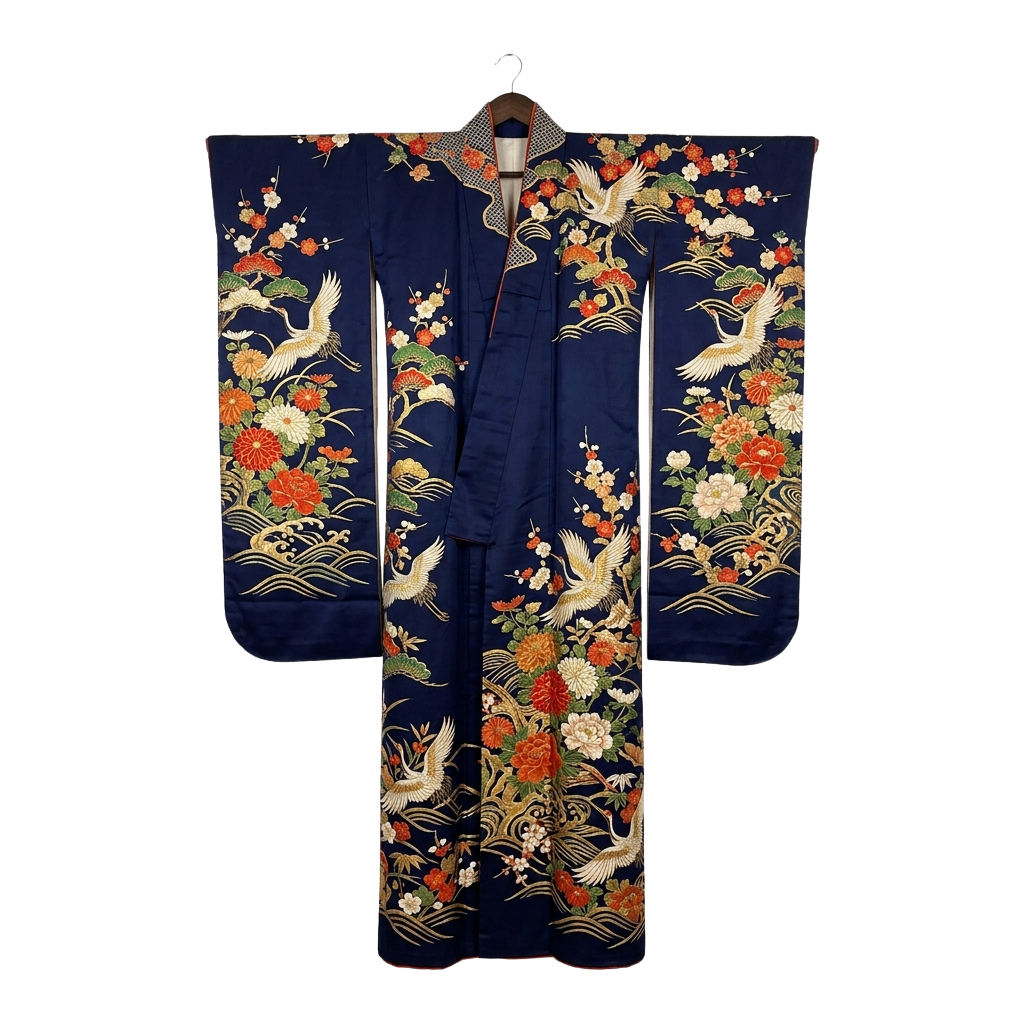 Dark blue kimono featuring embroidered cranes and floral patterns in vibrant colors