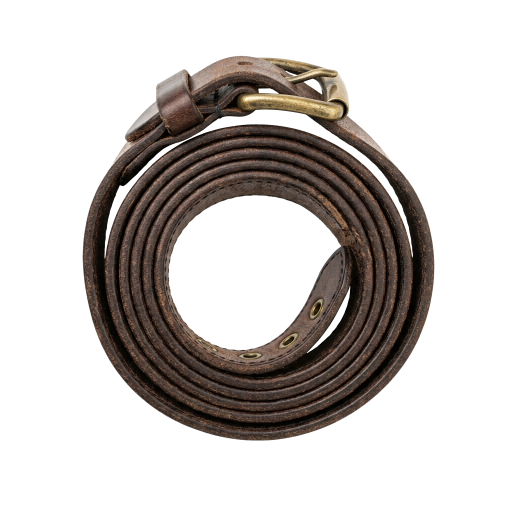 Coiled brown leather belt with brass buckle laid on a dark background