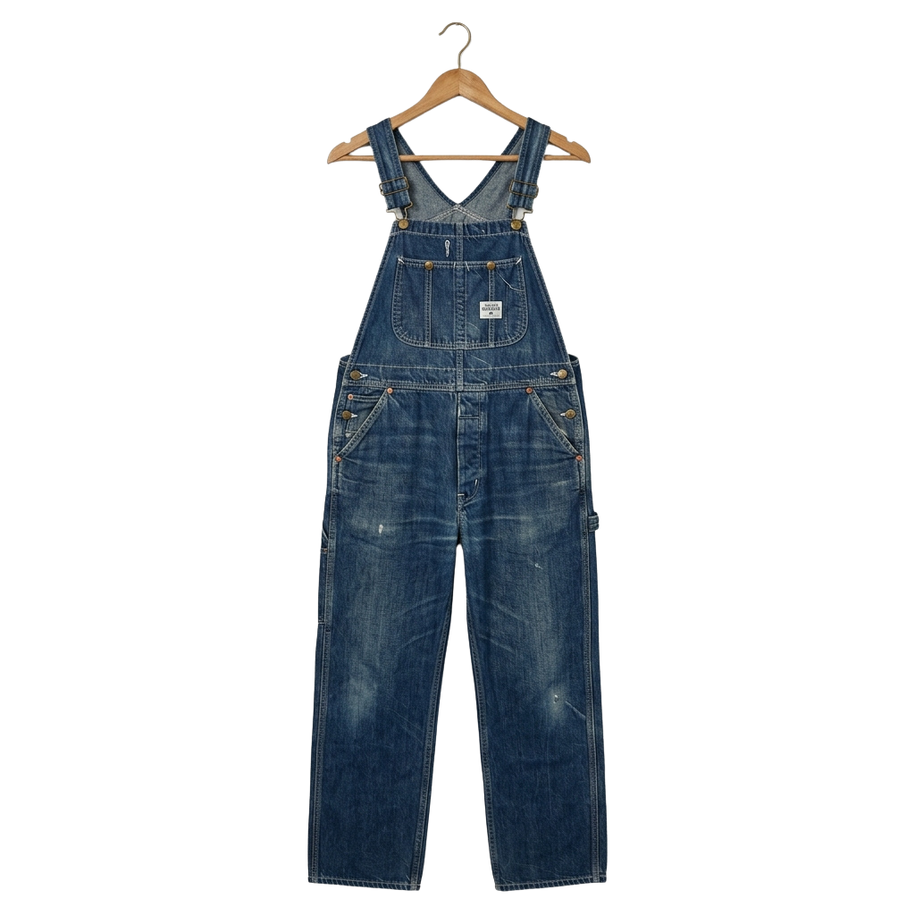 Blue denim overalls hanging on a wooden hanger against a black background