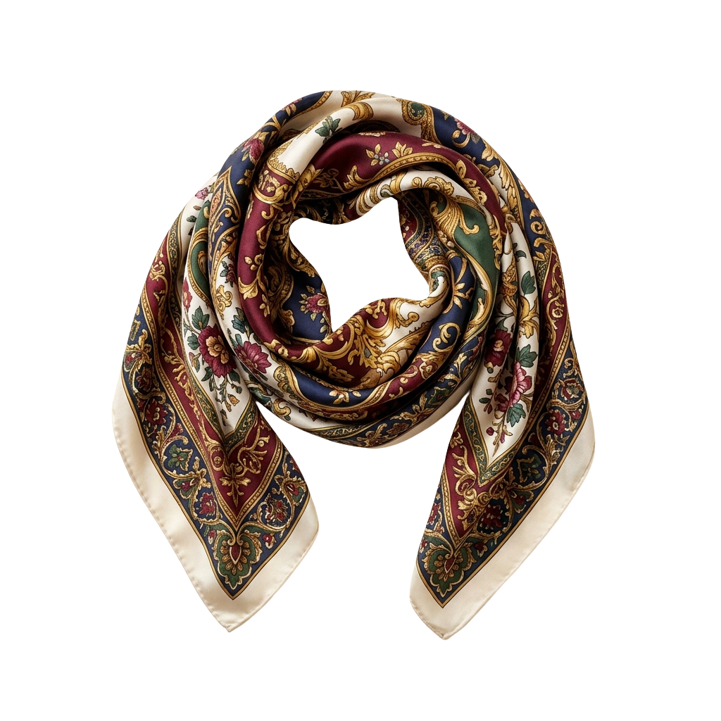 A rolled silk scarf featuring intricate floral paisley patterns in gold, red, green, and blue on a cream background