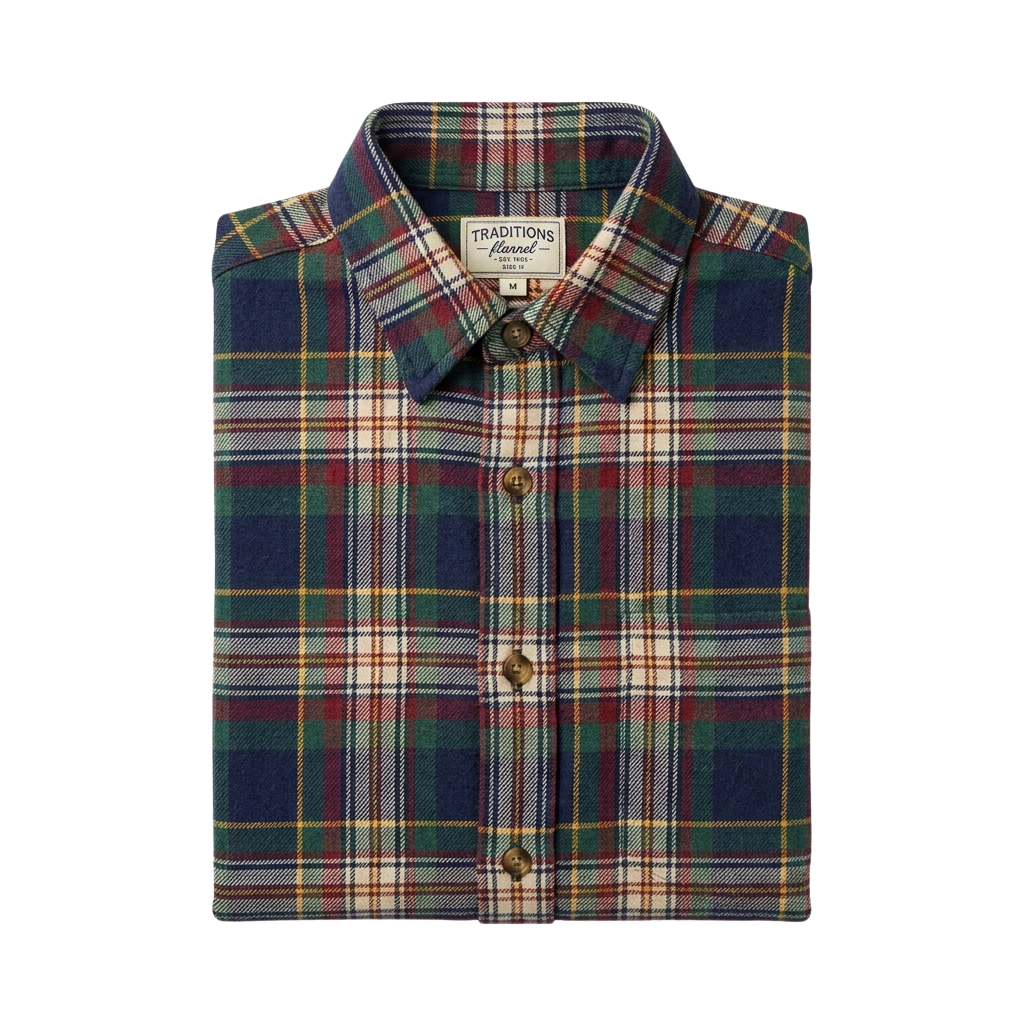 A men's button-down flannel shirt in a plaid pattern with multiple colors including blue, green, red, and beige.