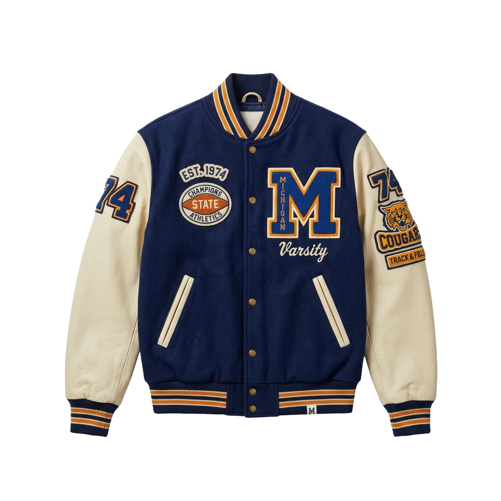 Blue and white varsity jacket with Michigan athletics patches and varsity text
