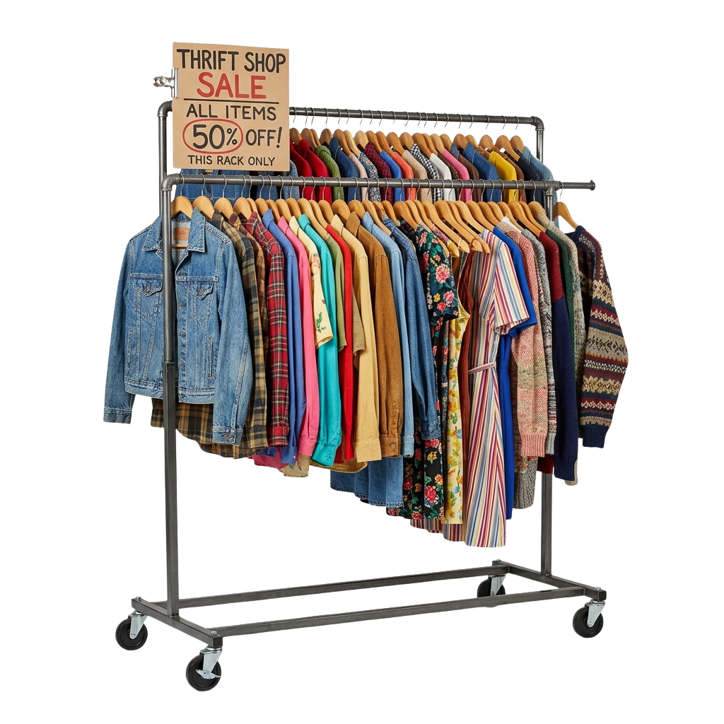 Clothing rack with various jackets and shirts on sale for 50 percent off at a thrift shop