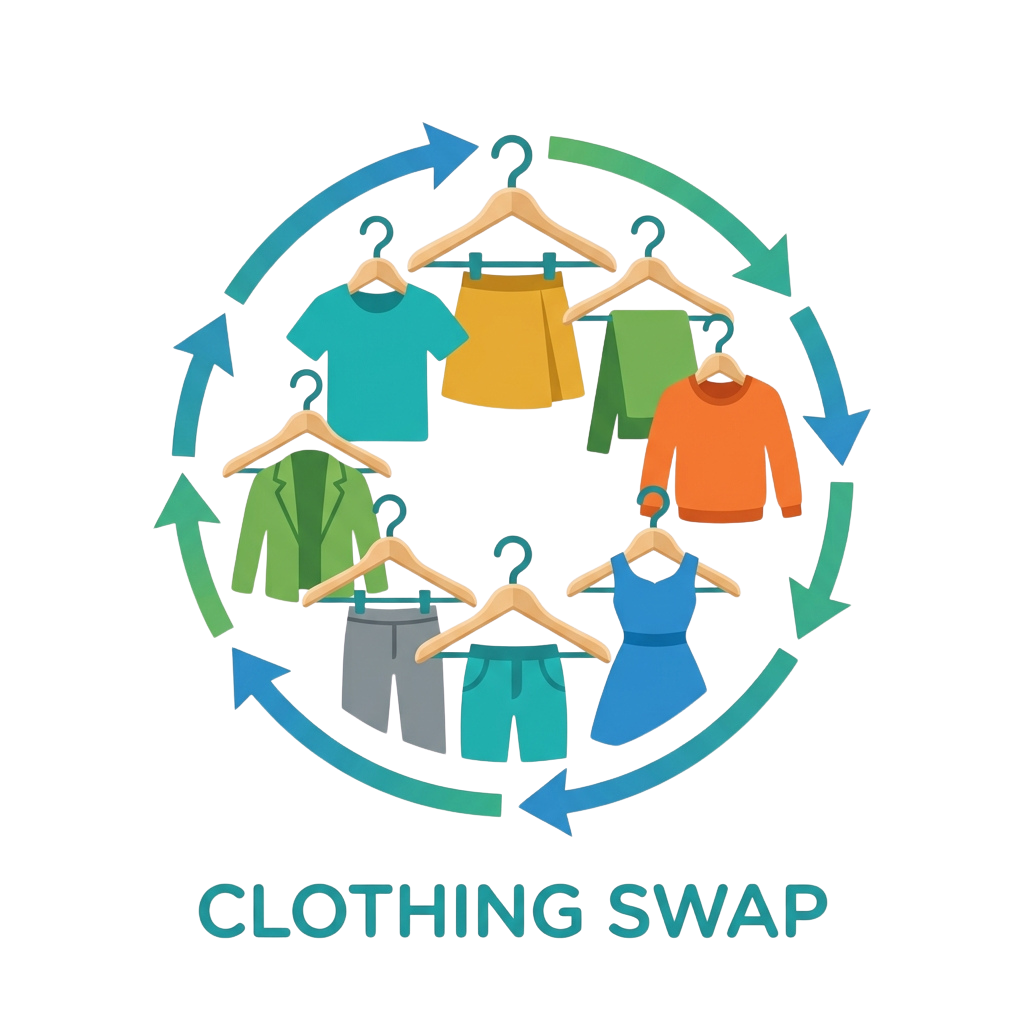 Circular arrows showing a clothing swap with various garments on hangers and a person in a dress