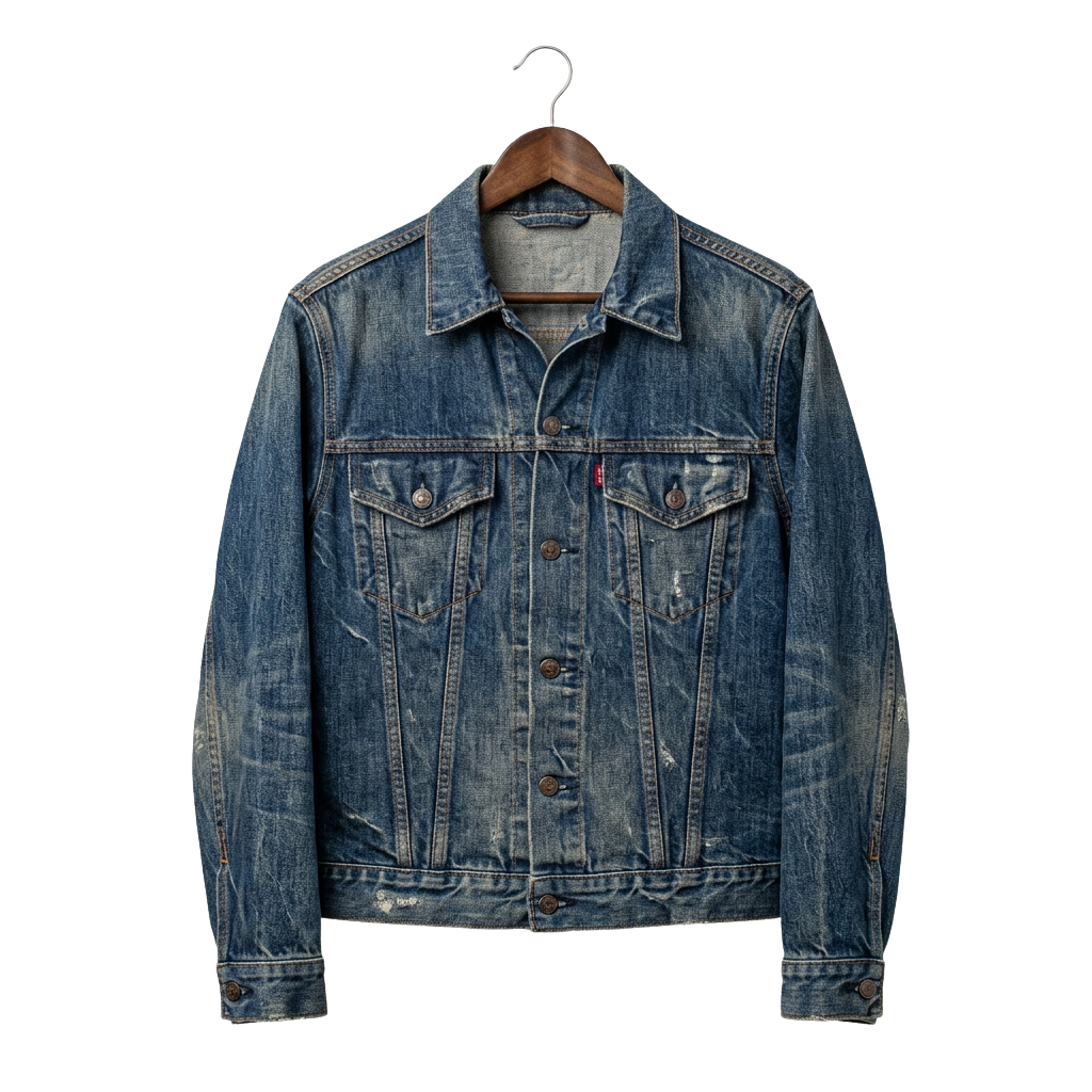Distressed denim jacket hanging on a wooden hanger against a dark background