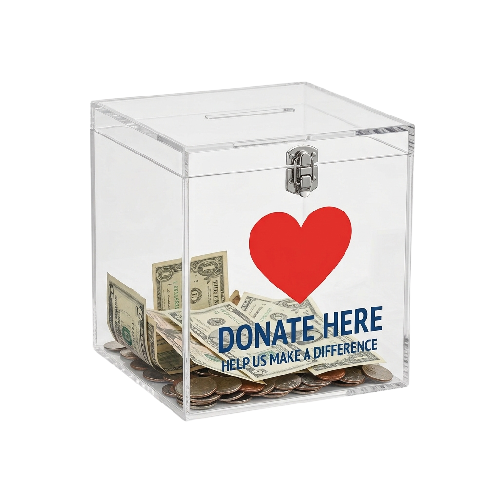 Clear donation box filled with cash, a red heart, and text saying Donate Here Help Us Make a Difference
