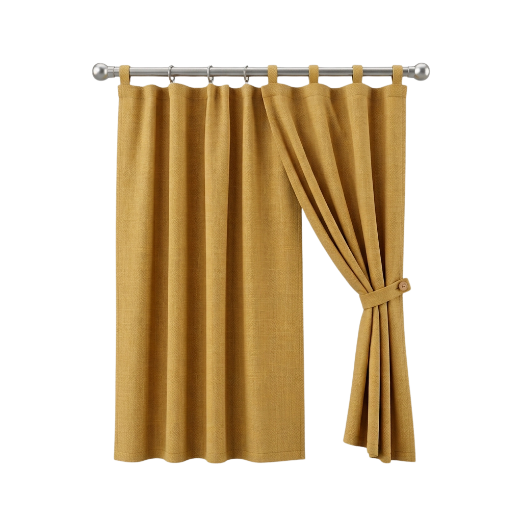 Mustard yellow shower curtain with pleated fabric and tie-back rod system