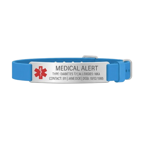 Blue medical alert bracelet displaying diabetes type 2 alert and contact details