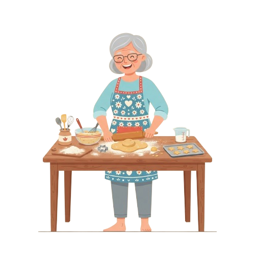 Smiling elderly woman wearing an apron prepares dough on a wooden table with baking tools around her
