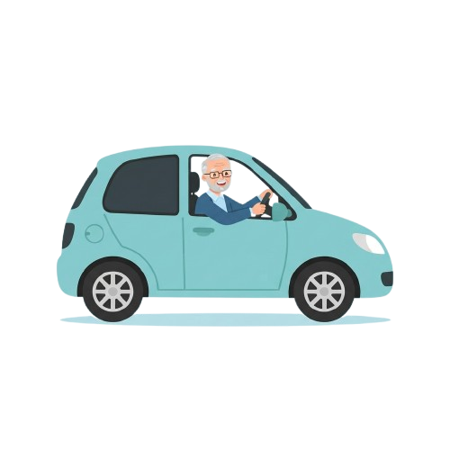 Illustration of an older man driving a small light blue car