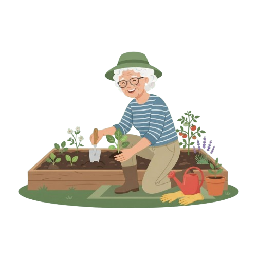 An elderly person wearing a hat and glasses tending to plants in a wooden raised garden bed