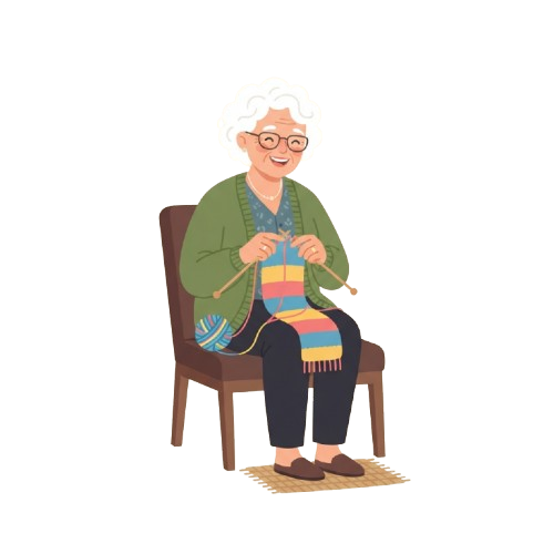Smiling elderly woman knitting a colorful striped scarf while sitting in a chair