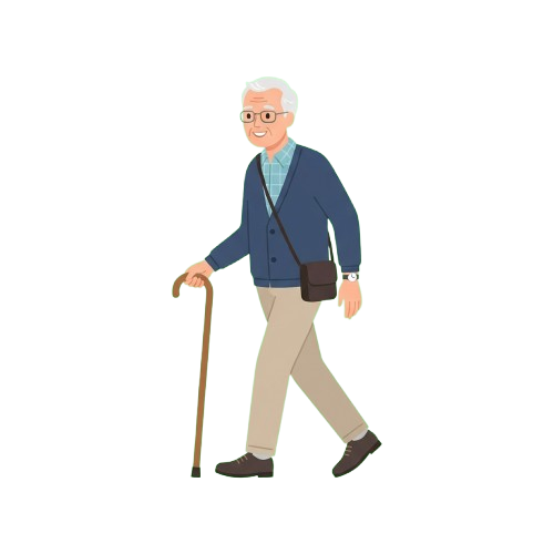 Illustration of an elderly man walking with a cane and carrying a bag