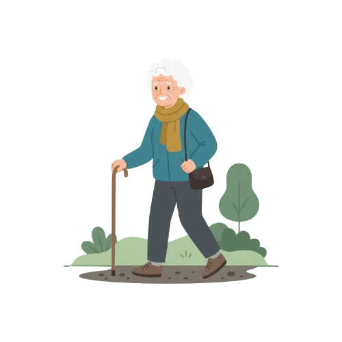 An elderly person wearing a blue jacket, scarf, and carrying a small bag, walking with a cane on a grassy path.