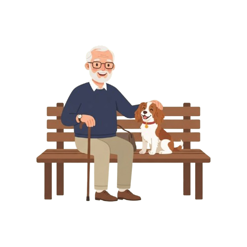 Smiling older man with glasses sitting on a wooden bench holding a cane, accompanied by a small brown and white dog.