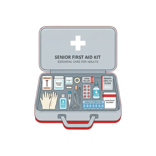 Illustration of an open senior first aid kit showing various medical supplies and items for adult care