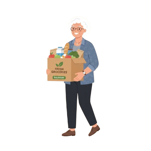 Elderly woman holding a cardboard box labeled fresh groceries delivery filled with various food items