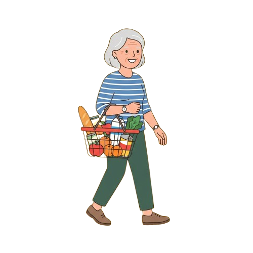 Smiling senior woman walking while carrying a basket filled with groceries including bread and vegetables