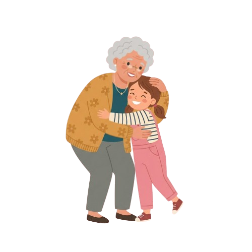 Illustration of an elderly woman hugging a young child with warm smiles, showing affection and love.