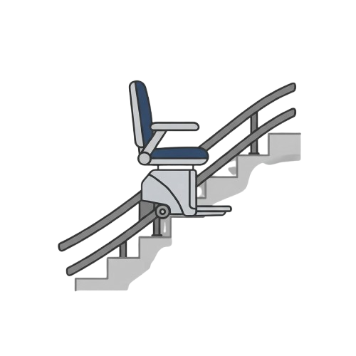 A chair lift platform attached to a stair rail, designed for transporting a seated person up or down stairs.