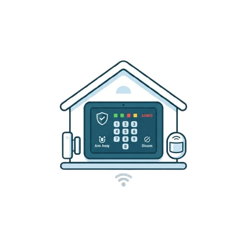 Illustration of a smart home security panel mounted on a house with armed status and keypad controls