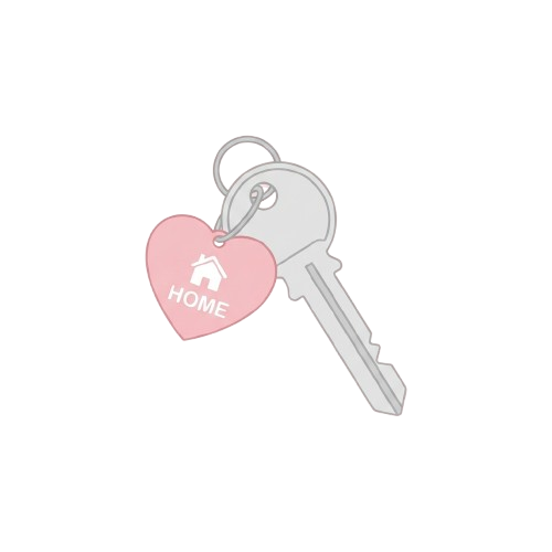 A keychain featuring a heart-shaped tag with the word home and a small house icon attached to a silver key
