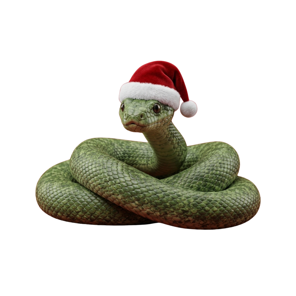 A green snake figurine coiled with a red Santa hat on its head against a black background