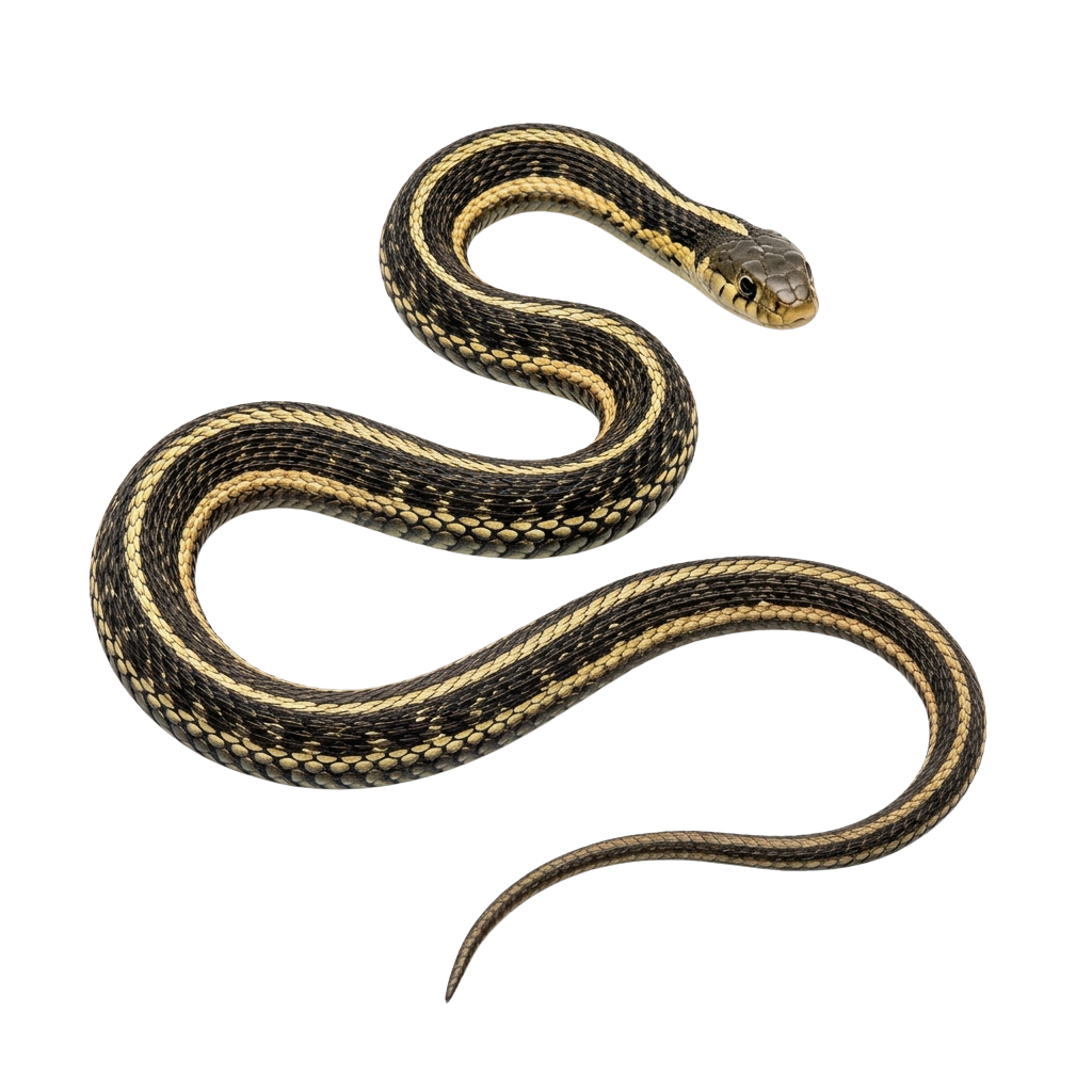 A coiled snake with alternating yellow and black stripes on a dark background