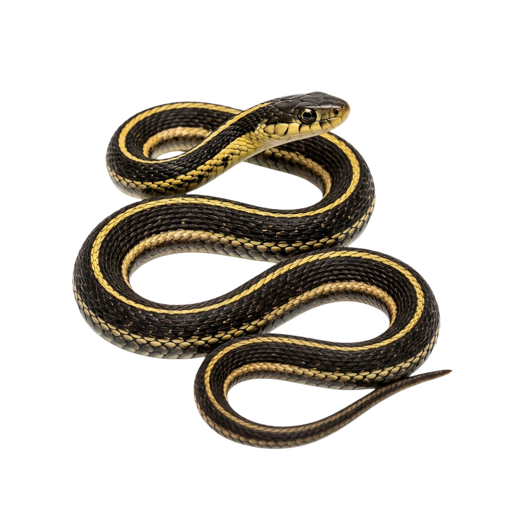 A coiled snake with black body and yellow stripes resting on a black background