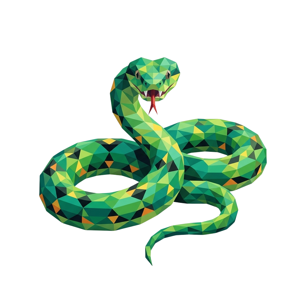 A stylized green snake with geometric patterns coiled on a black background