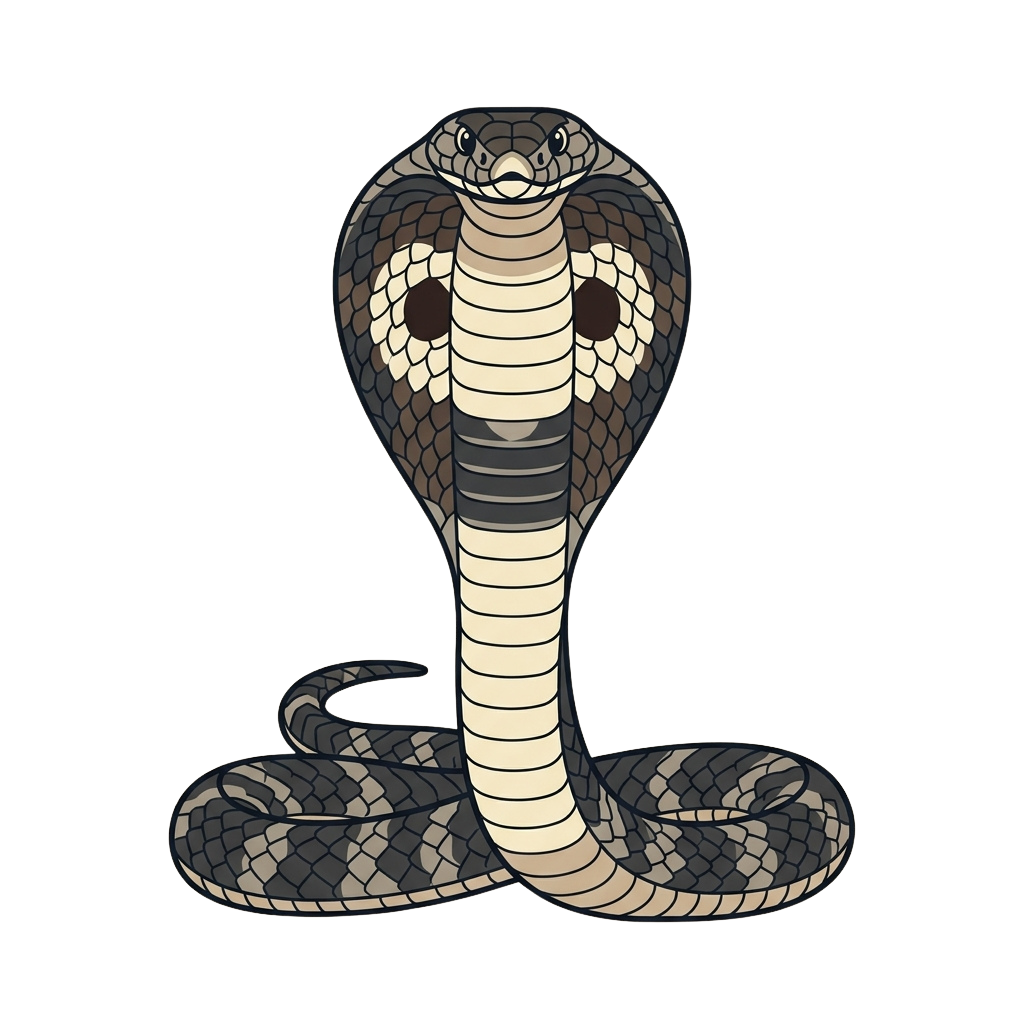 Illustration of a cobra snake rearing up with hood flared, standing upright against a black background