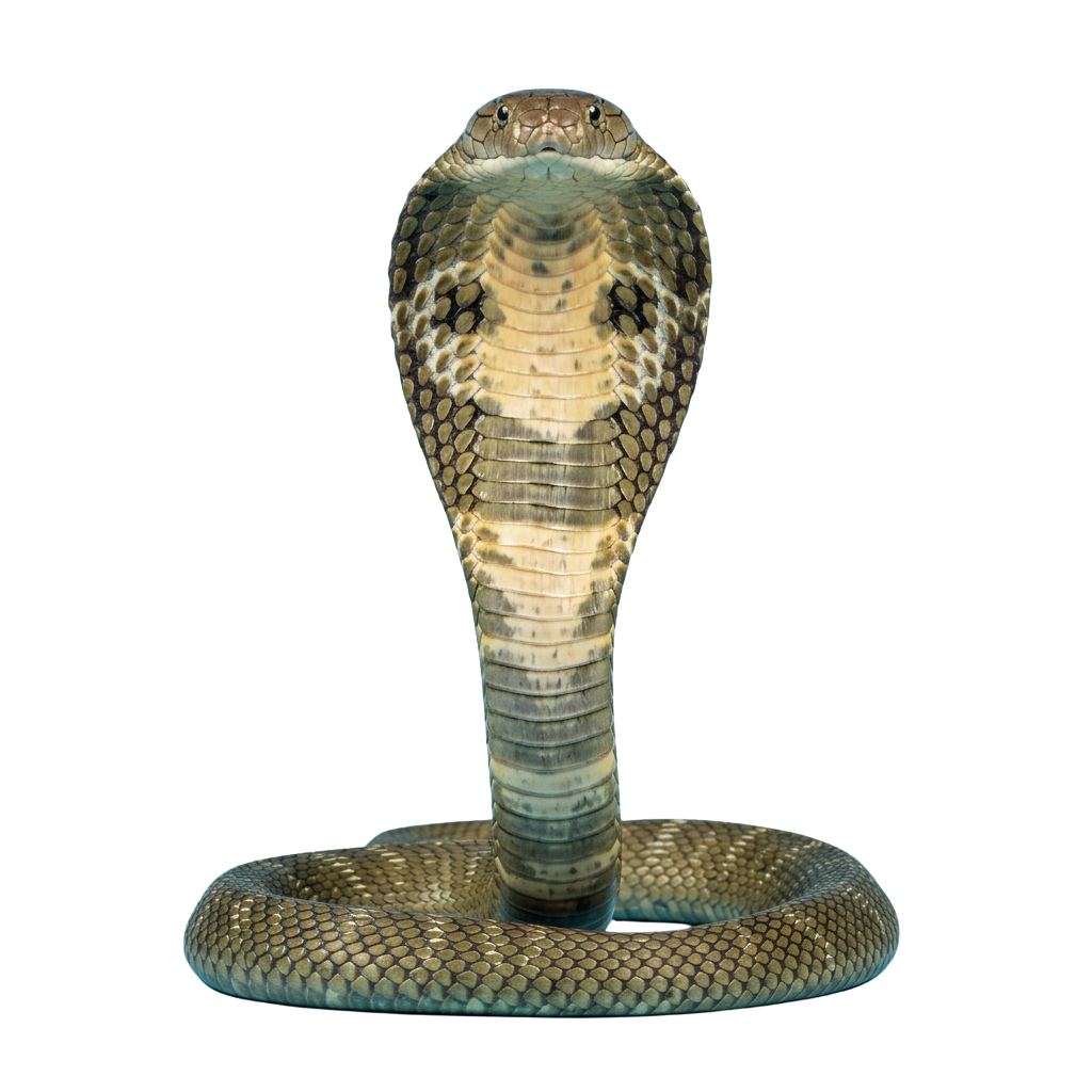 A cobra snake with its hood flared open, viewed from the front against a black background